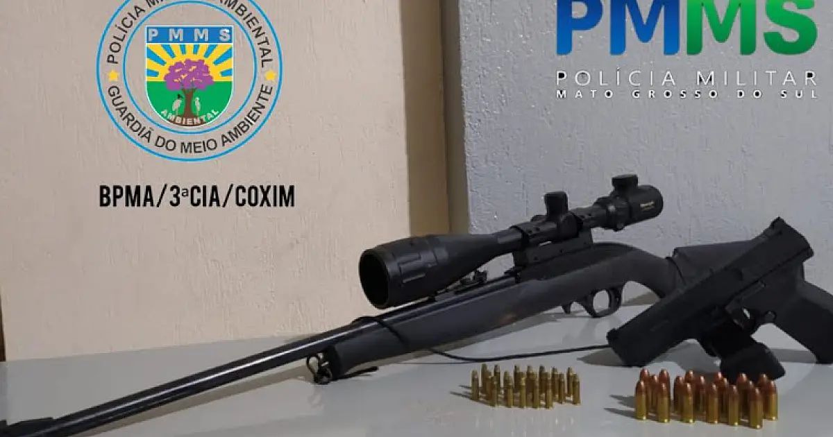 Caçador é preso por porte ilegal de rifle com luneta, pistola 9mm e munições