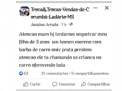 Perfil falso espalha denúncia fake de tentativa de sequestro na região