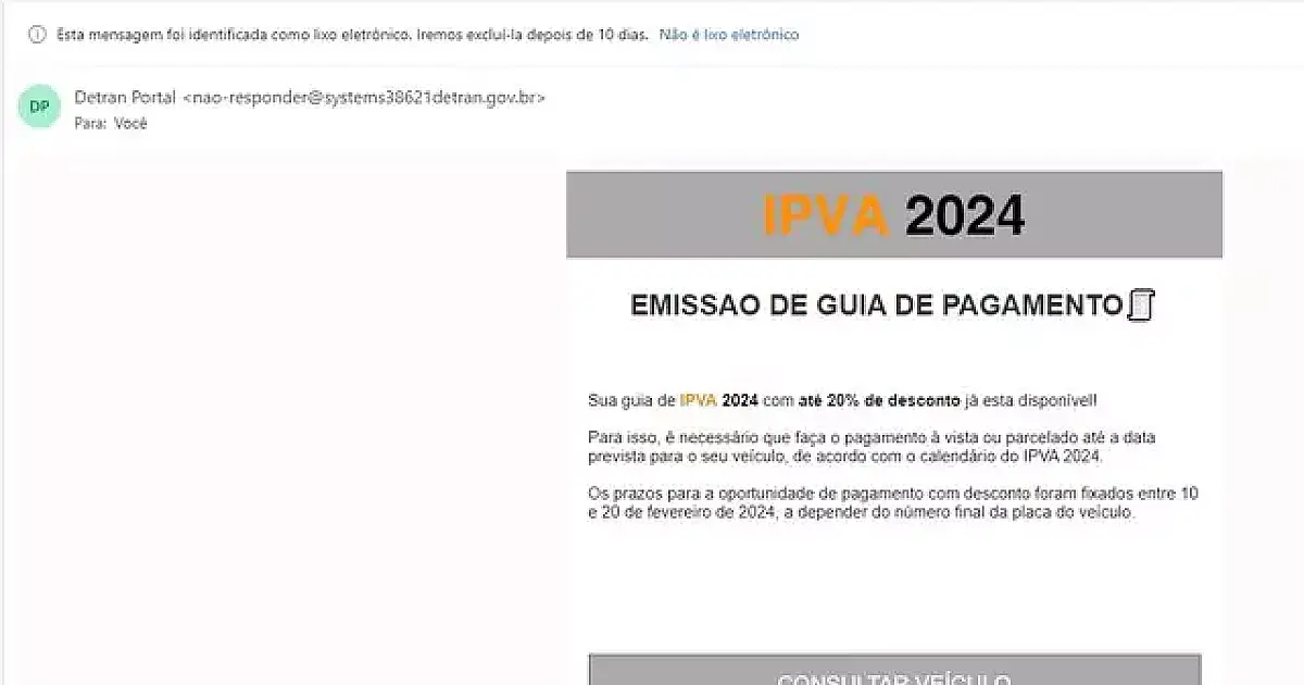 E-mail falso promete até 20% de desconto no IPVA vencido