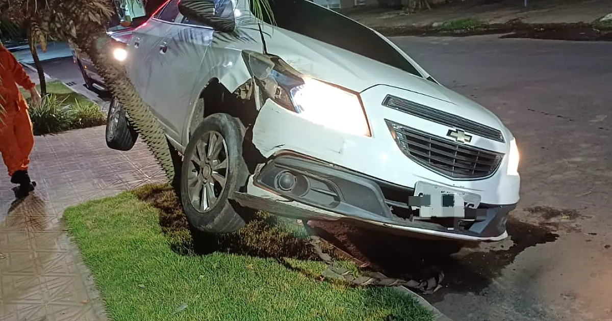 Carro colide em árvore e fica suspenso sobre duas rodas na Firmo de Matos