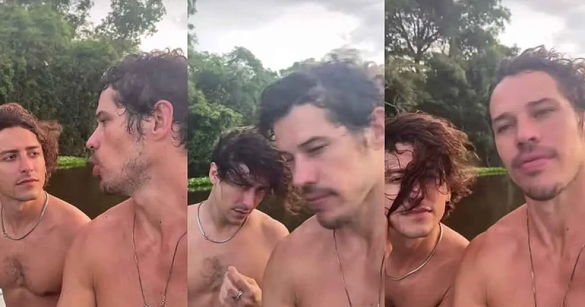 José Loreto e Jesuíta Barbosa relembram de Titanic à bordo de uma chalana no Pantanal