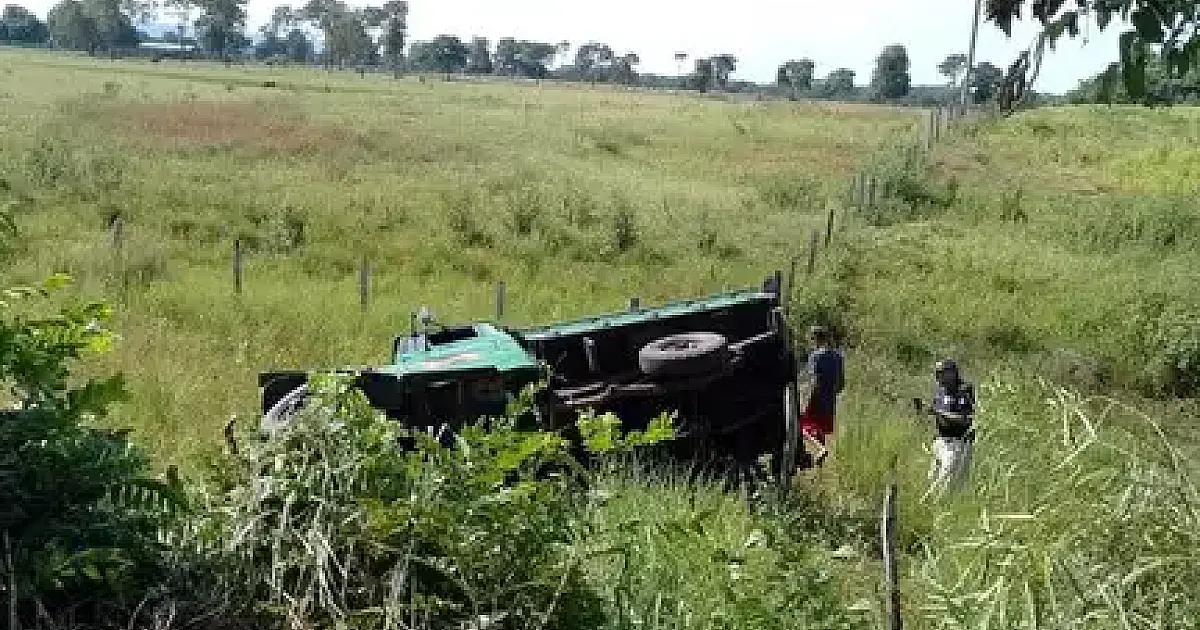 Veículo capota e para no meio do mato após ser fechado por carreta na BR-262