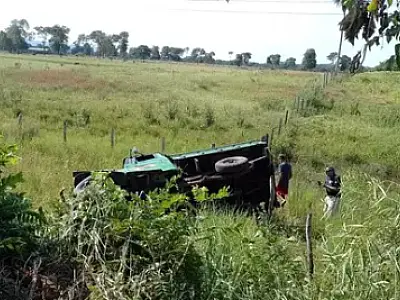 Veículo capota e para no meio do mato após ser fechado por carreta na BR-262