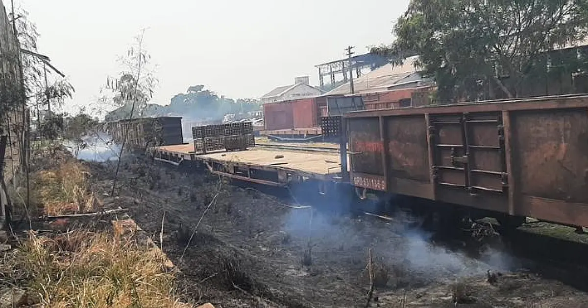 Bombeiros combatem incêndio em vegetação ao longo da ferrovia