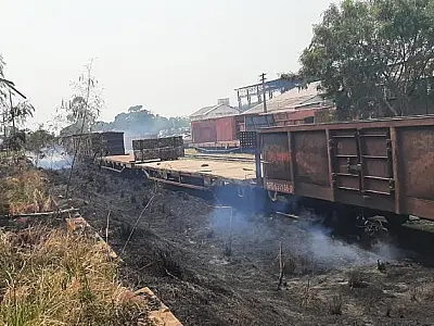 Bombeiros combatem incêndio em vegetação ao longo da ferrovia