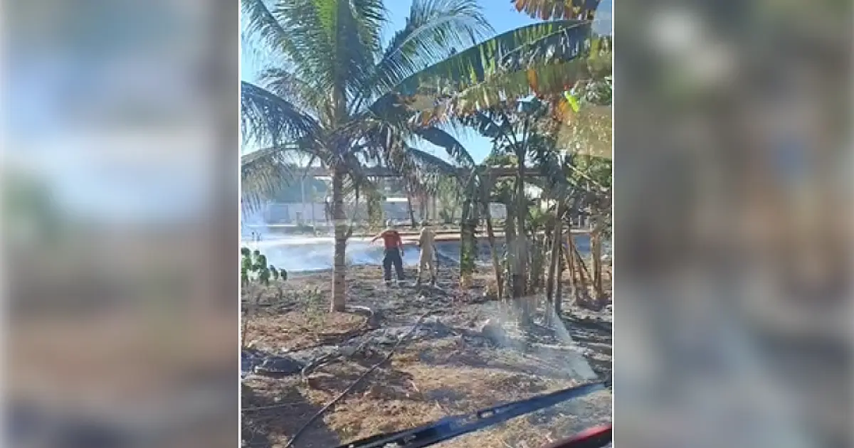 Bombeiros combatem incêndio em vegetação nos fundos da estação ferroviária