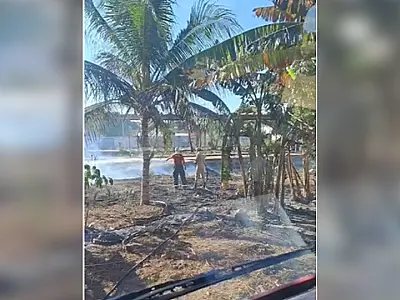 Bombeiros combatem incêndio em vegetação nos fundos da estação ferroviária
