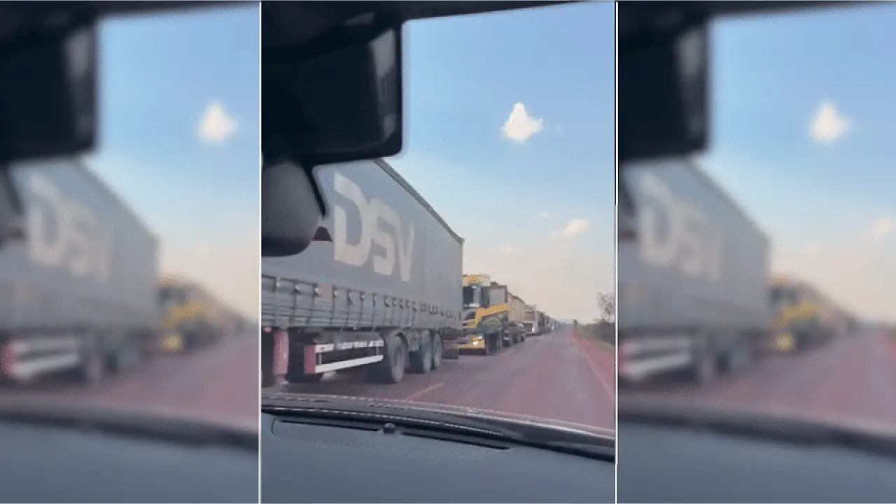 Fechamento da ponte sobre o Rio Paraguai gera congestionamento de carretas na BR-262